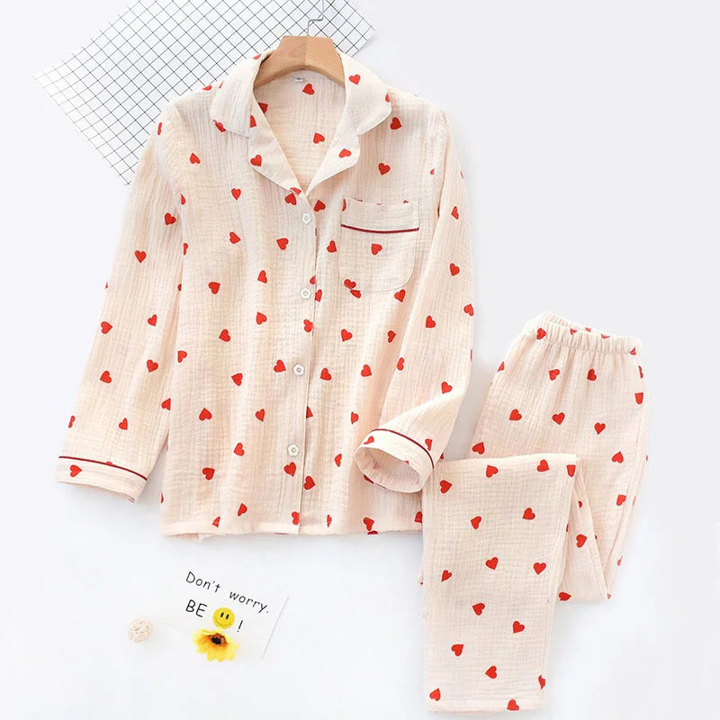 Conjunto de Pijamas de Algodón Crepé con Estampado de Corazón para Dama