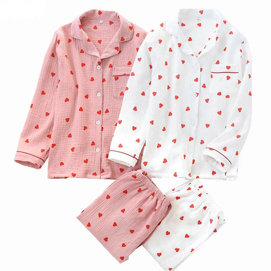 Conjunto de Pijamas de Algodón Crepé con Estampado de Corazón para Dama