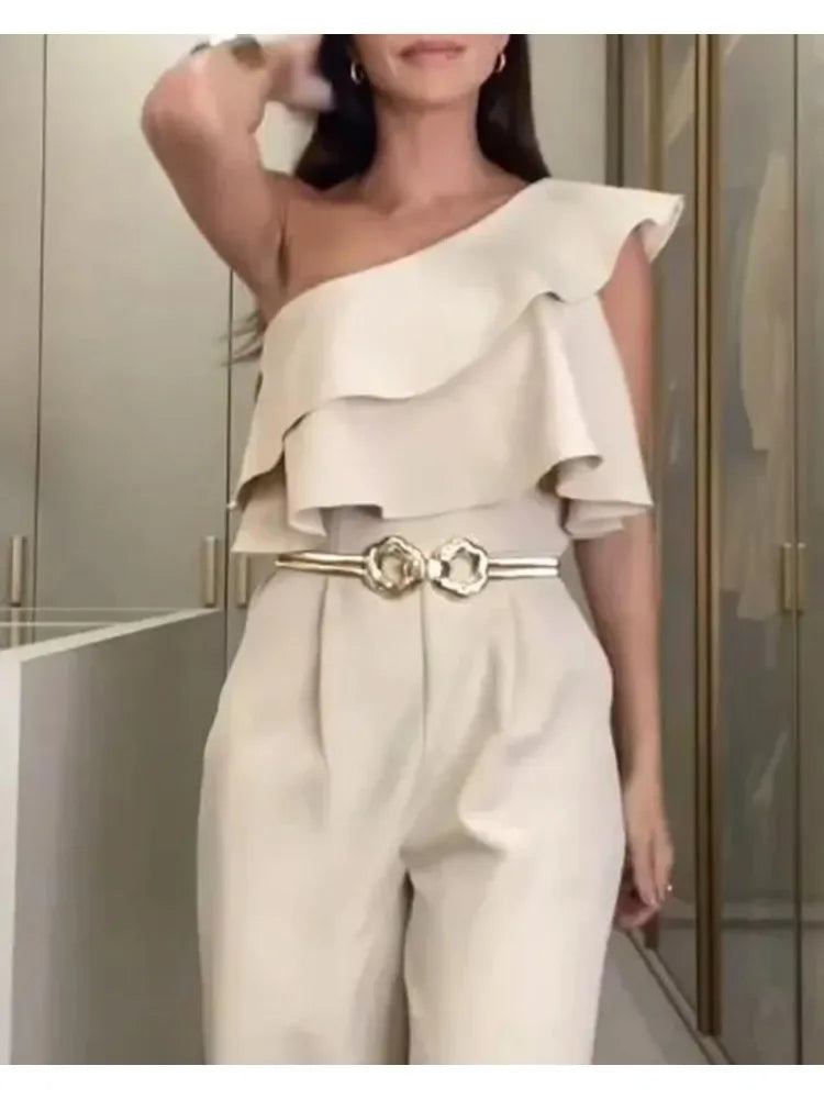 Jumpsuit Elegante de Pierna Ancha con Volantes