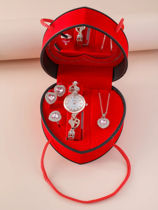 Elegante Reloj Love de Oro Rosa para Mujer (Set de Regalo 5 Piezas)