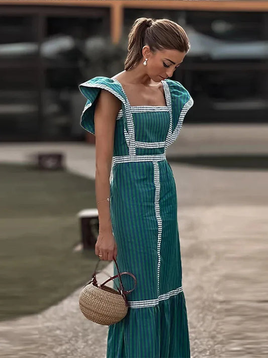 Women's Square Neck Patchwork Long Vintage Dress