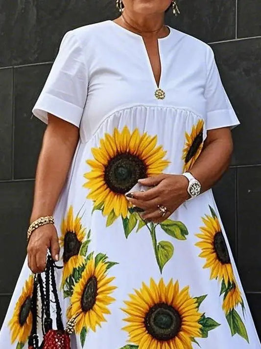 Vestido Midi con Estampado de Girasoles S-3XL