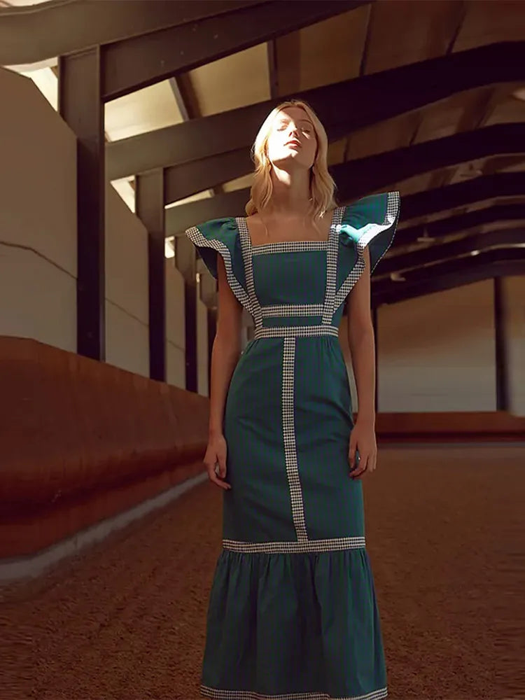 Women's Square Neck Patchwork Long Vintage Dress