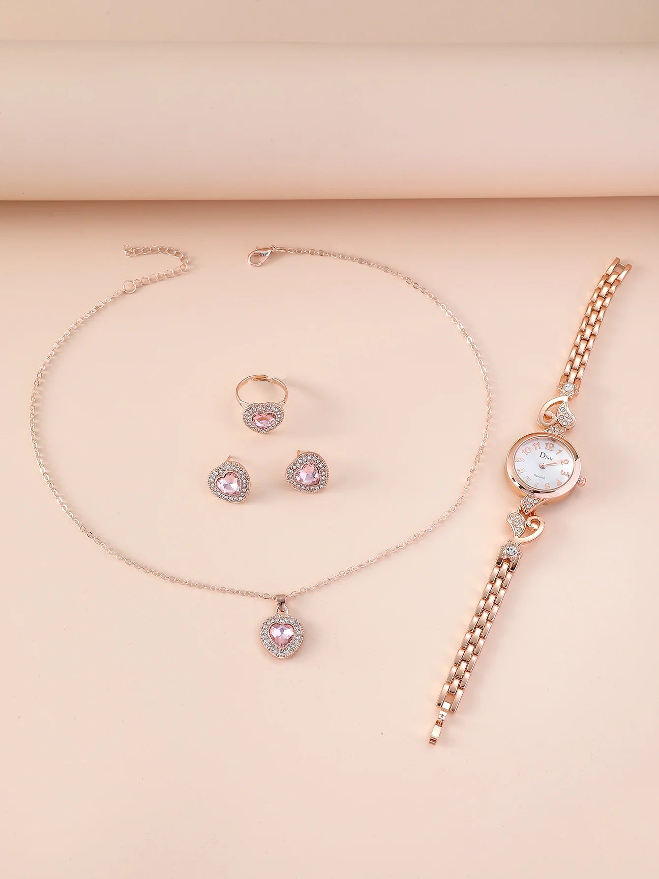 Elegante Reloj Love de Oro Rosa para Mujer (Set de Regalo 5 Piezas)