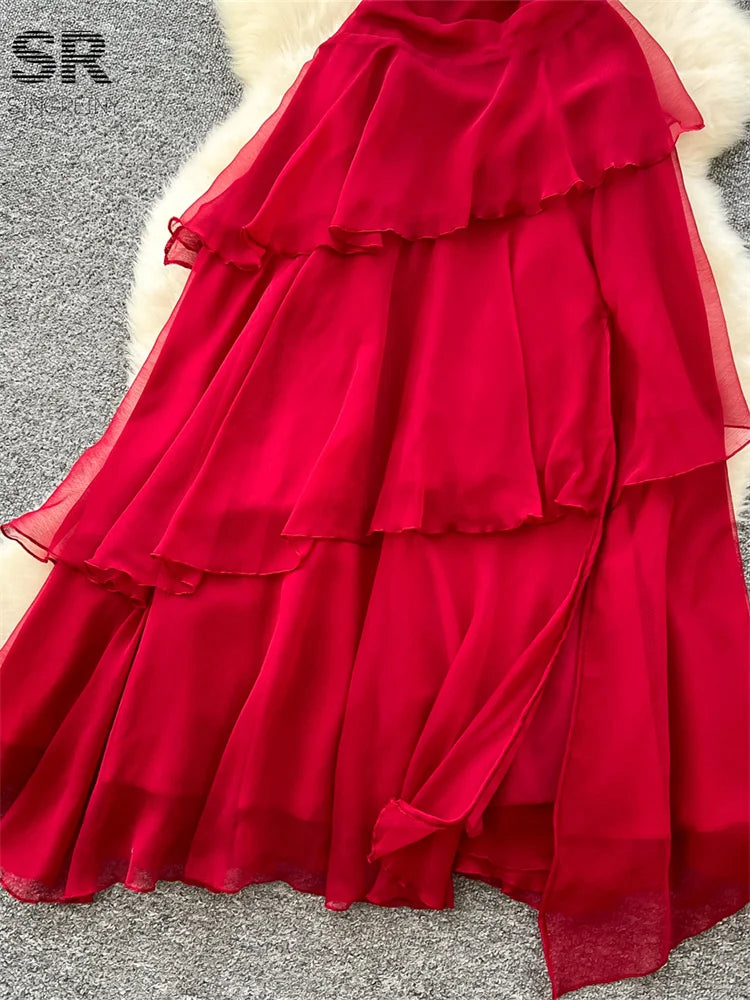 Vestido Largo Rojo con Volantes