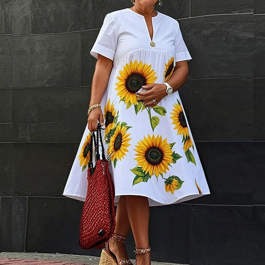 Vestido Midi con Estampado de Girasoles S-3XL