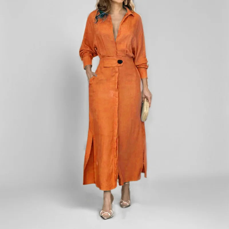 Vestido Camisero Largo con Cuello en V