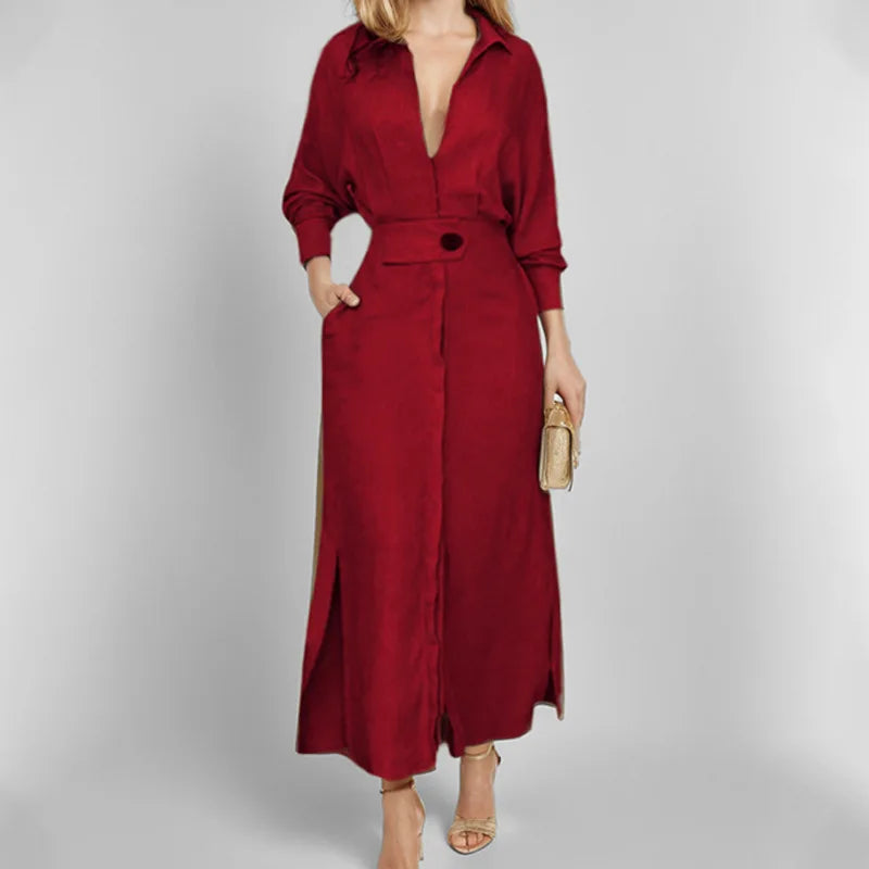 Vestido Camisero Largo con Cuello en V