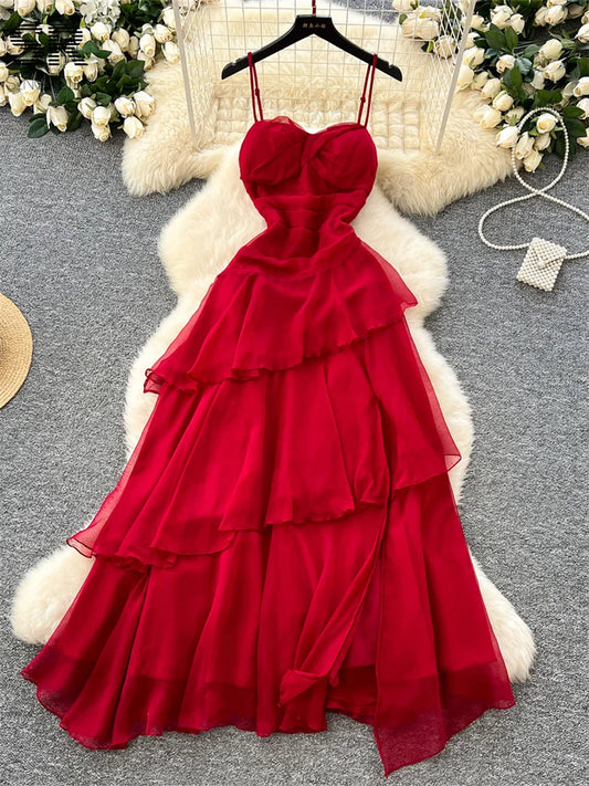 Vestido Largo Rojo con Volantes