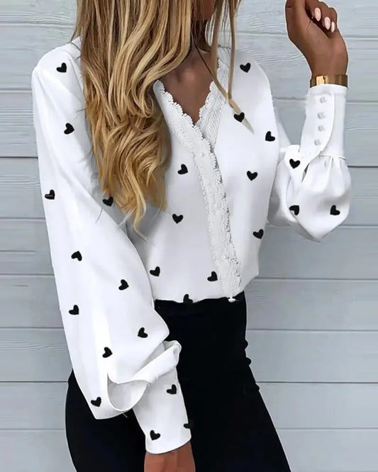 White Blouse with Heart Print