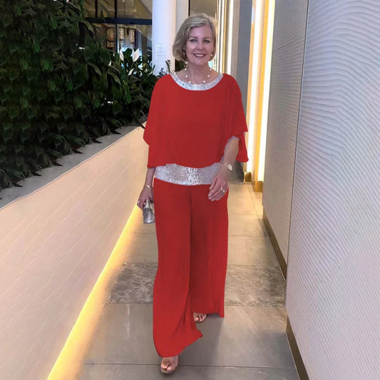 Conjunto de Blusa de Chiffon y Pantalón de Pierna Ancha