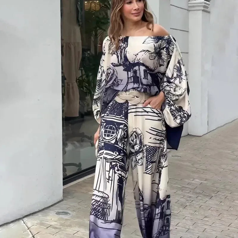 Conjunto de Dos Piezas Azul Estampado