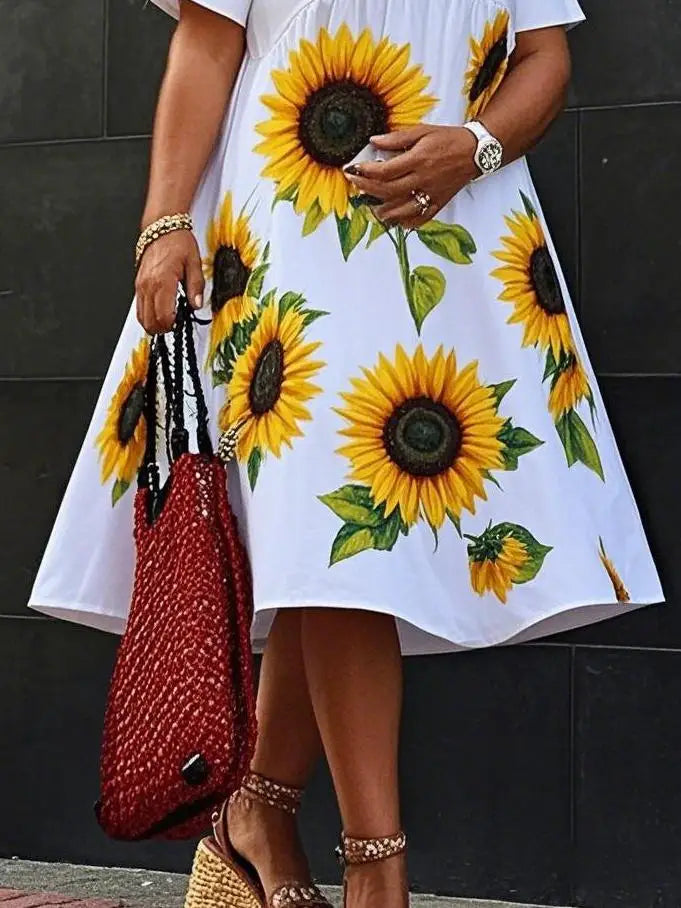 Vestido Midi con Estampado de Girasoles S-3XL