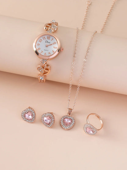 Elegante Reloj Love de Oro Rosa para Mujer (Set de Regalo 5 Piezas)