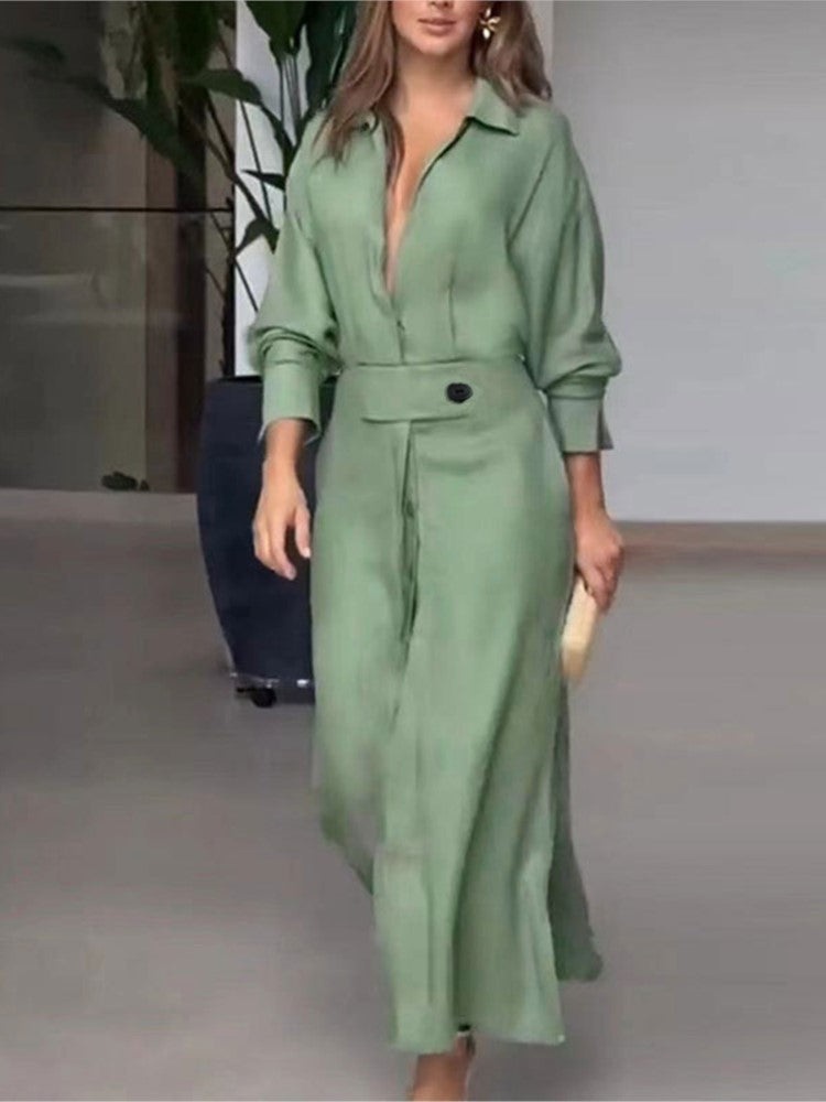 Vestido Camisero Largo con Cuello en V