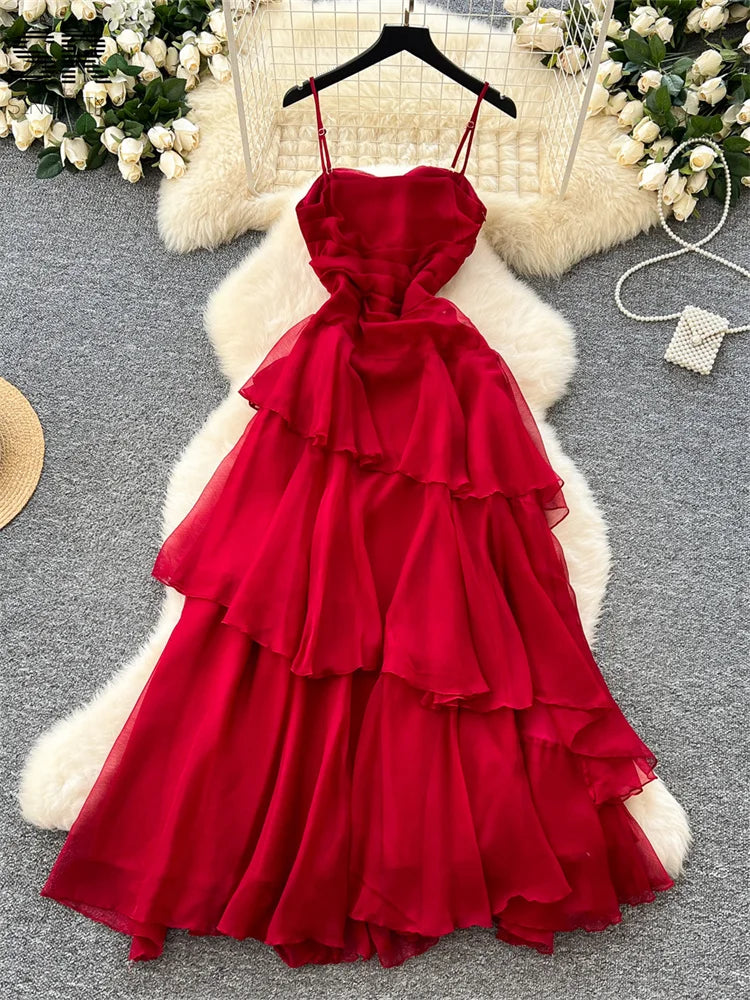 Vestido Largo Rojo con Volantes