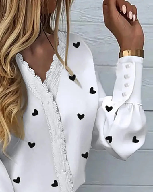 White Blouse with Heart Print