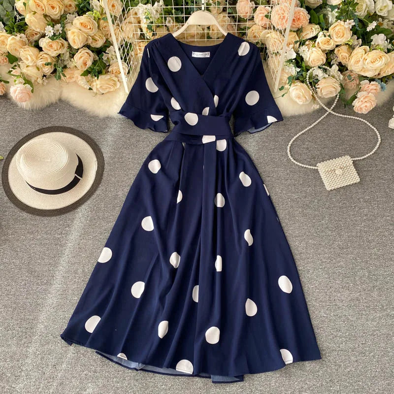 Polka Dot Dresses - Navy Blue / One size Polka Dot Dresses - Navy Blue / One size