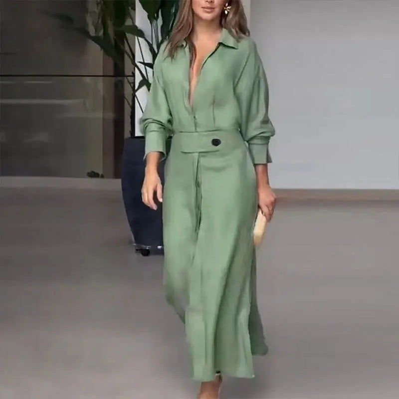 Vestido Camisero Largo con Cuello en V