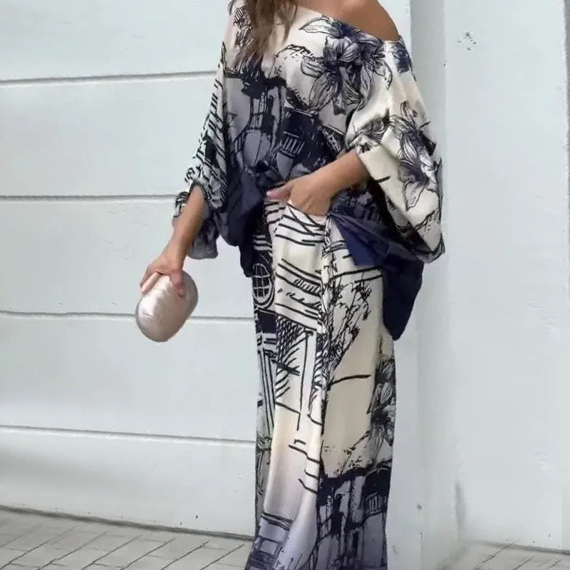 Conjunto de Dos Piezas Azul Estampado