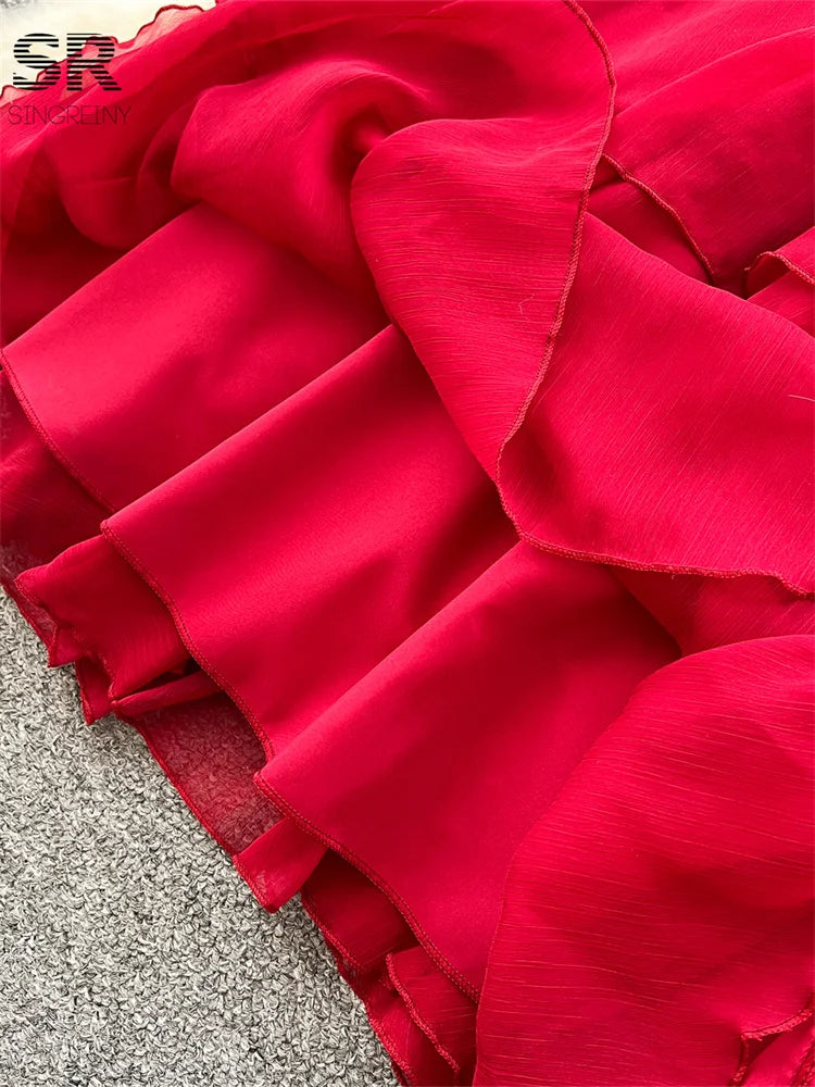 Vestido Largo Rojo con Volantes
