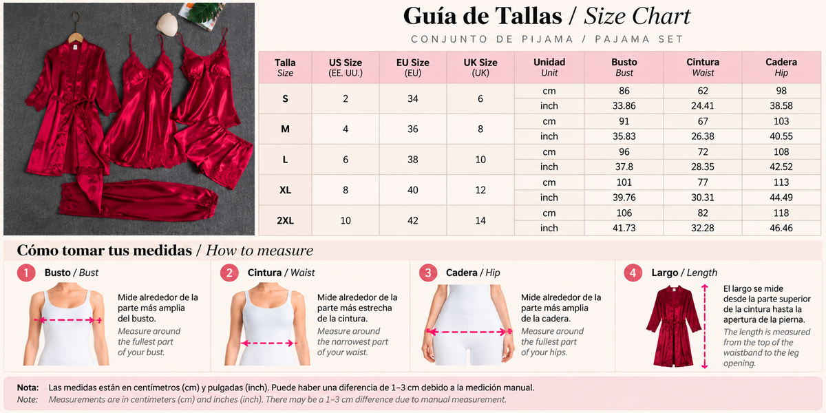 Conjunto de Pijama Satinado de 5 Piezas con Encaje