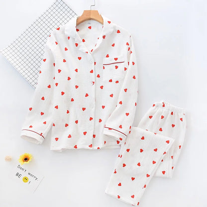 Women's Heart Print Crepe Cotton Pajamas Set