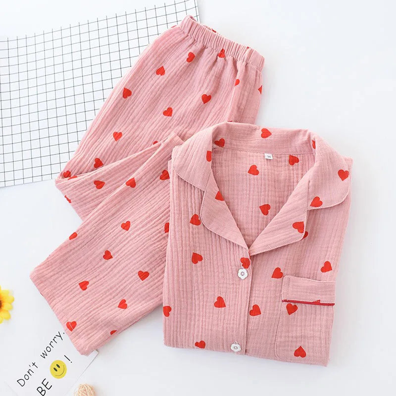 Women's Heart Print Crepe Cotton Pajamas Set