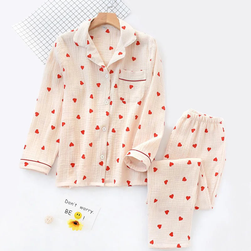 Women's Heart Print Crepe Cotton Pajamas Set