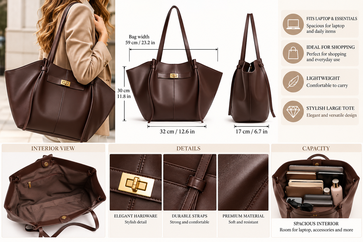Bolso Tote Grande de Hombro con Cierre Metálico