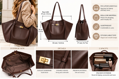 Bolso Tote Grande de Hombro con Cierre Metálico