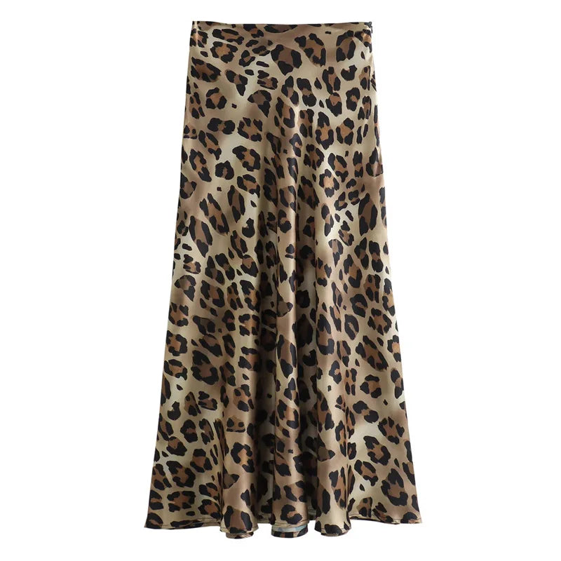 Falda Midi de Satén con Estampado Leopardo