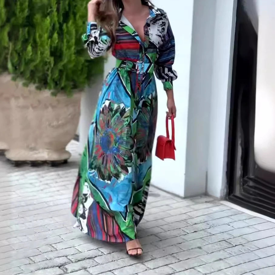 Vestido Maxi Estampado con Cinturón S-2XL