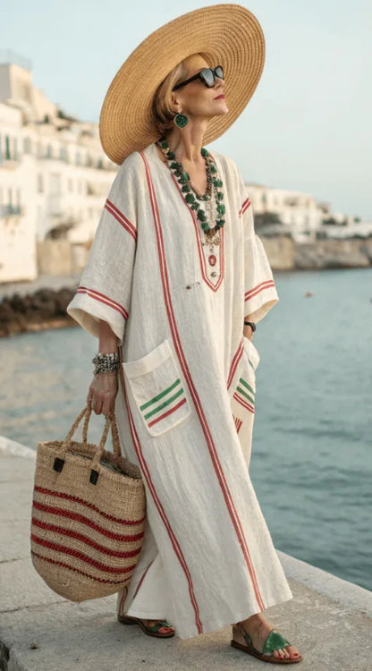 Vestido Maxi Estampado – Escote en V y Bolsillos