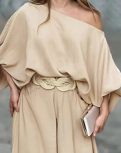 Conjunto Elegante de Dos Piezas – Top Asimétrico + Pantalón Palazzo