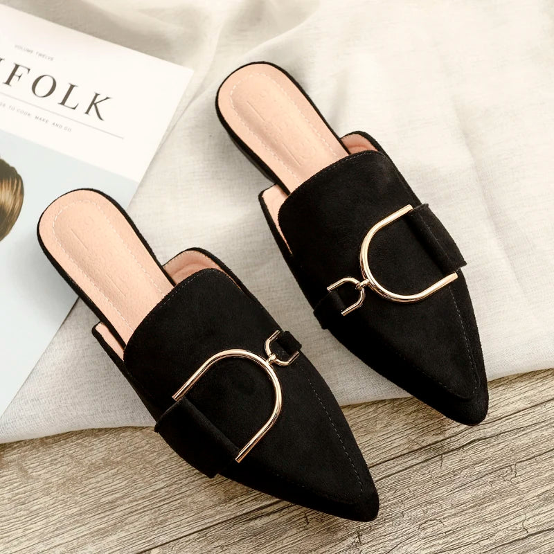 Zapatos Mules Planos de Punta Fina con Hebilla Metálica