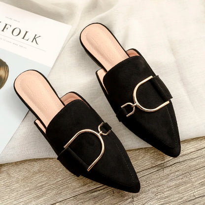 Zapatos Mules Planos de Punta Fina con Hebilla Metálica