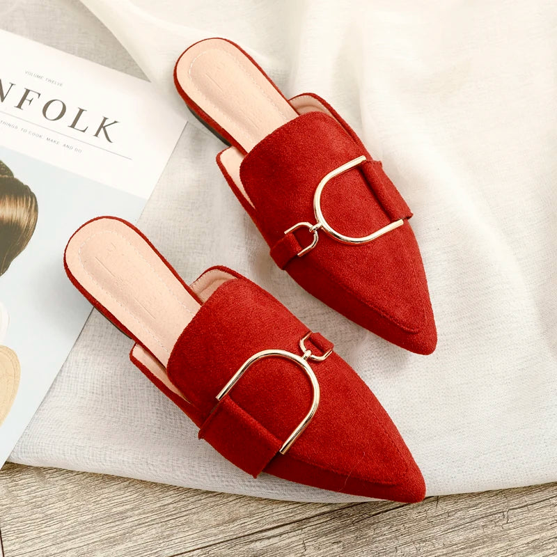 Zapatos Mules Planos de Punta Fina con Hebilla Metálica