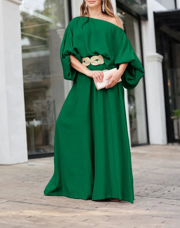 Conjunto Elegante de Dos Piezas – Top Asimétrico + Pantalón Palazzo
