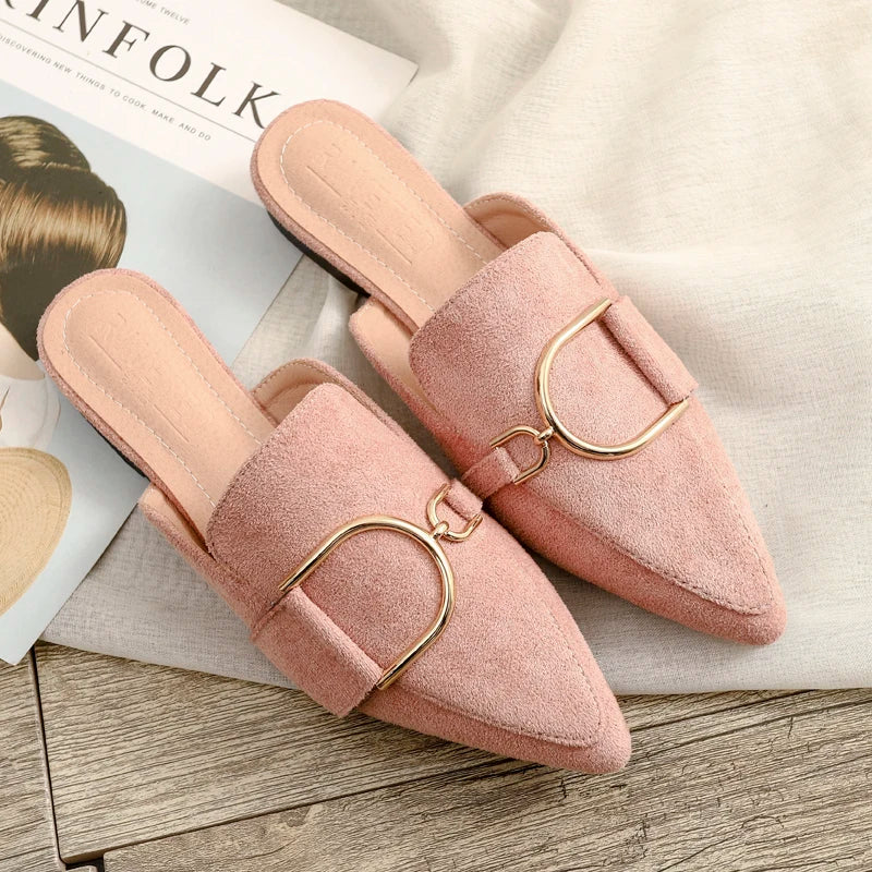 Zapatos Mules Planos de Punta Fina con Hebilla Metálica