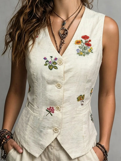 Chaleco de Lino con Bordado Floral