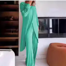 Conjunto Elegante de Dos Piezas – Camiseta Larga + Pantalón Palazzo