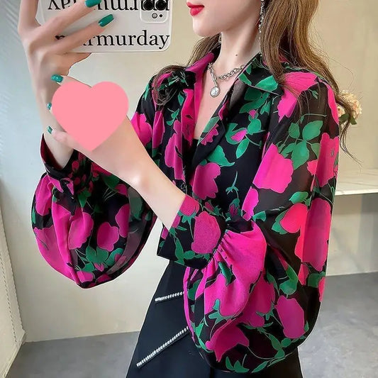 Blusa Chifón Estampada con Mangas Globo