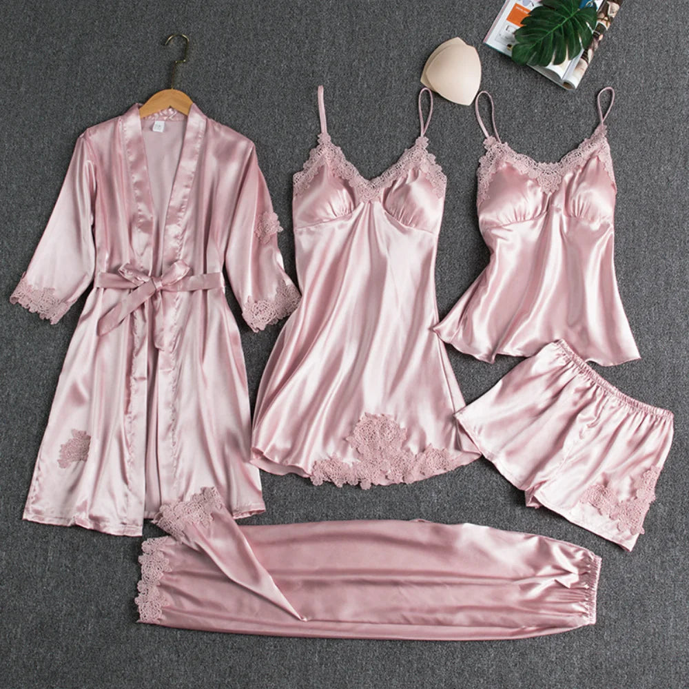 Conjunto de Pijama Satinado de 5 Piezas con Encaje
