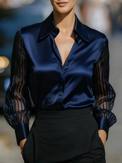 Blusa Elegante Satinada con Mangas Abullonadas y Transparencias