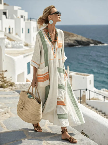 Vestido Maxi Estampado – Escote en V y Bolsillos