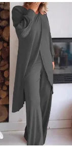 Conjunto Elegante de Dos Piezas – Camiseta Larga + Pantalón Palazzo