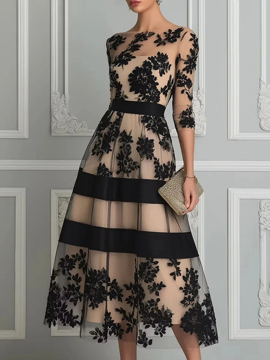 Vestido Midi de Tul con Encaje Floral y Falda Evasé