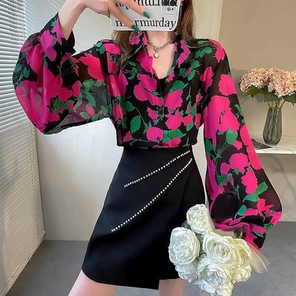 Blusa Chifón Estampada con Mangas Globo