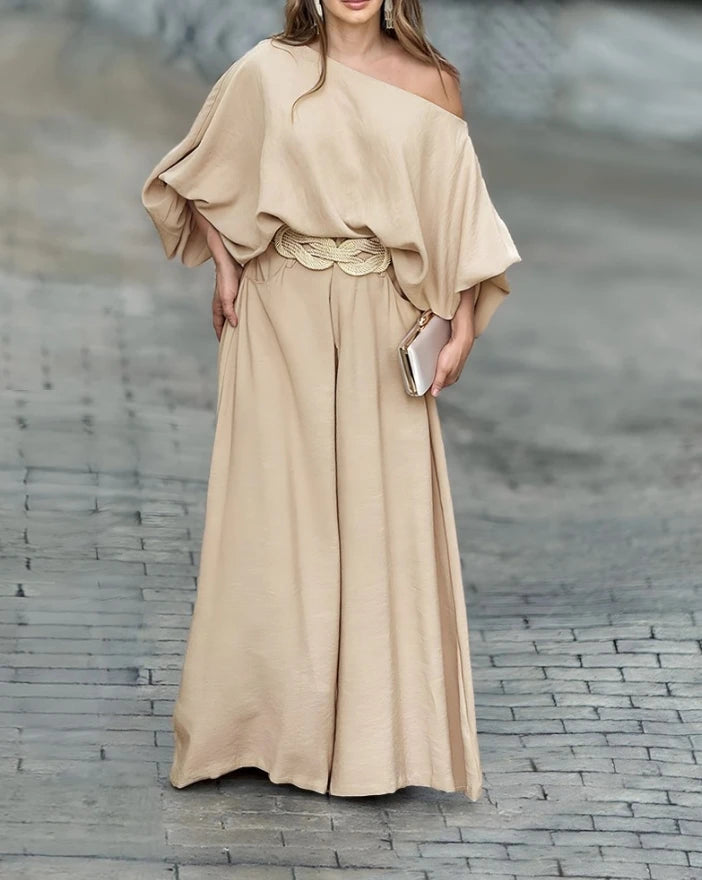 Conjunto Elegante de Dos Piezas – Top Asimétrico + Pantalón Palazzo